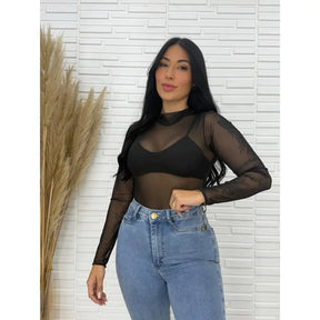 Body de Tule Preto Manga Longa Body de Tule Preto