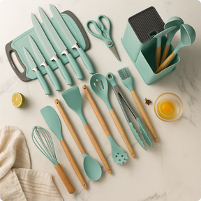 Kit Utensílios de Luxo Para Cozinha 19 Peças Com Tábua em Silicone