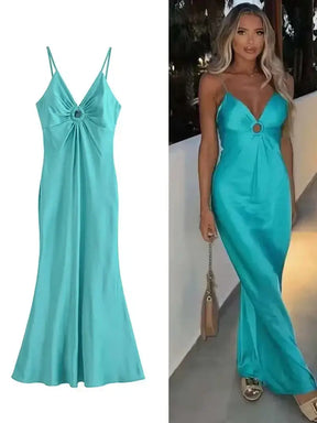 Vestido Midi Cetim Celeste